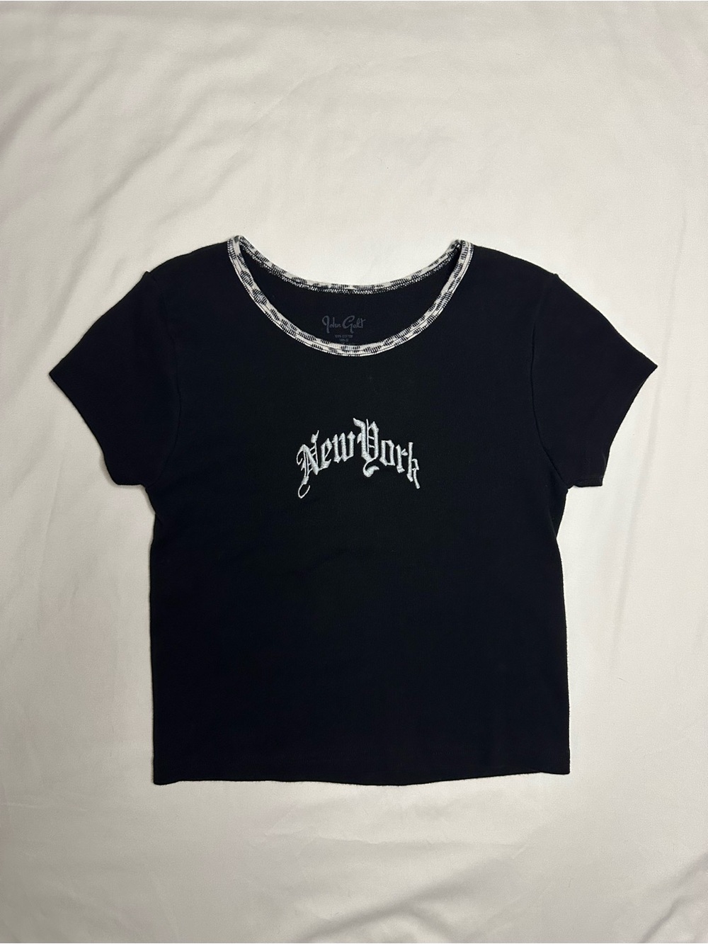 John Galt 100% cotton black embroidered New York baby tee with cheetah print col